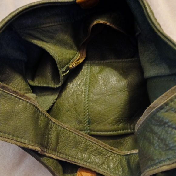 Vintage Olive Green Leather Slouch Over The Shoulder Bag BOHO - Picture 5 of 7